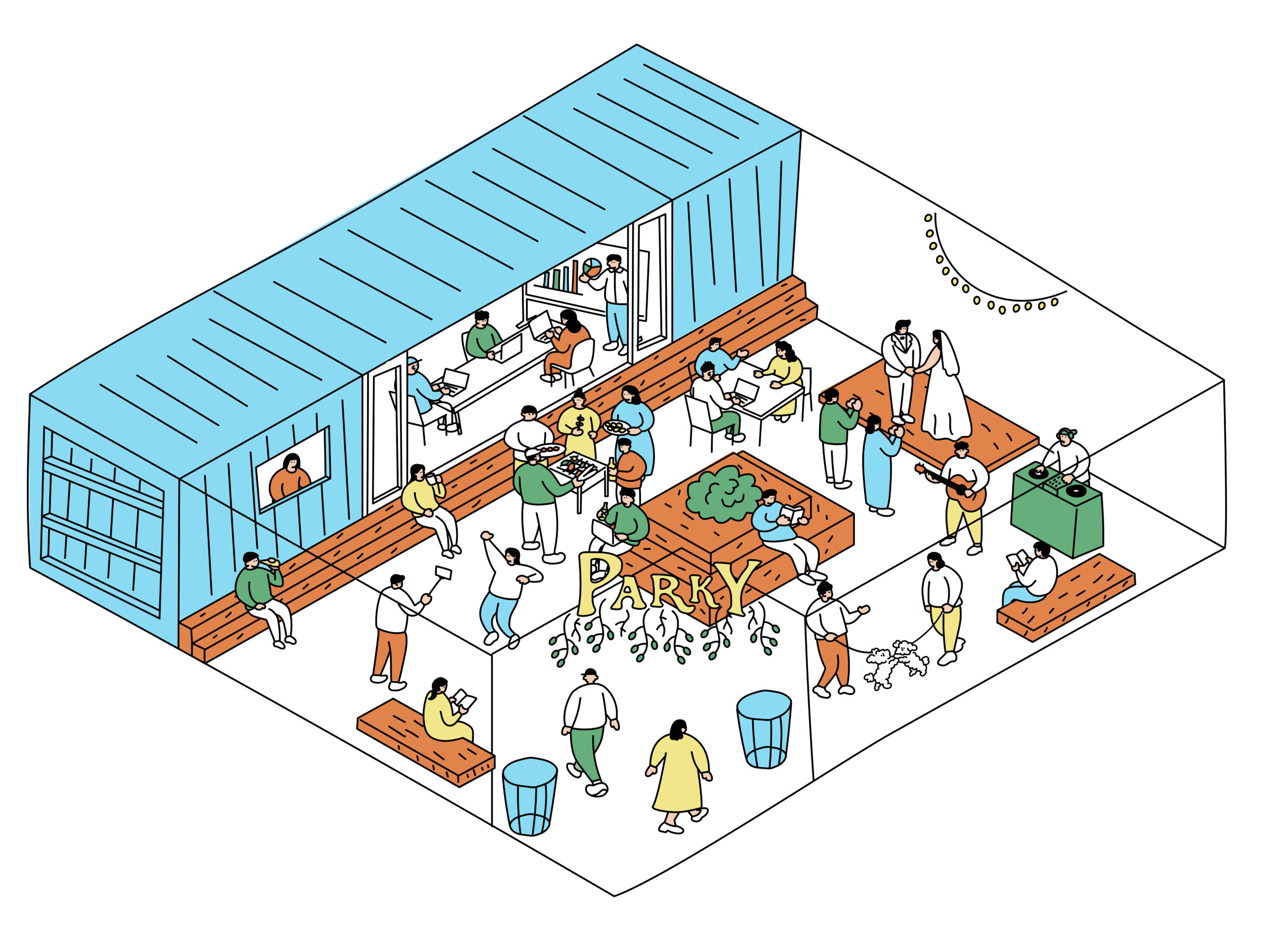 PARKYで食事や仕事、イベントを楽しむ人々のイラスト